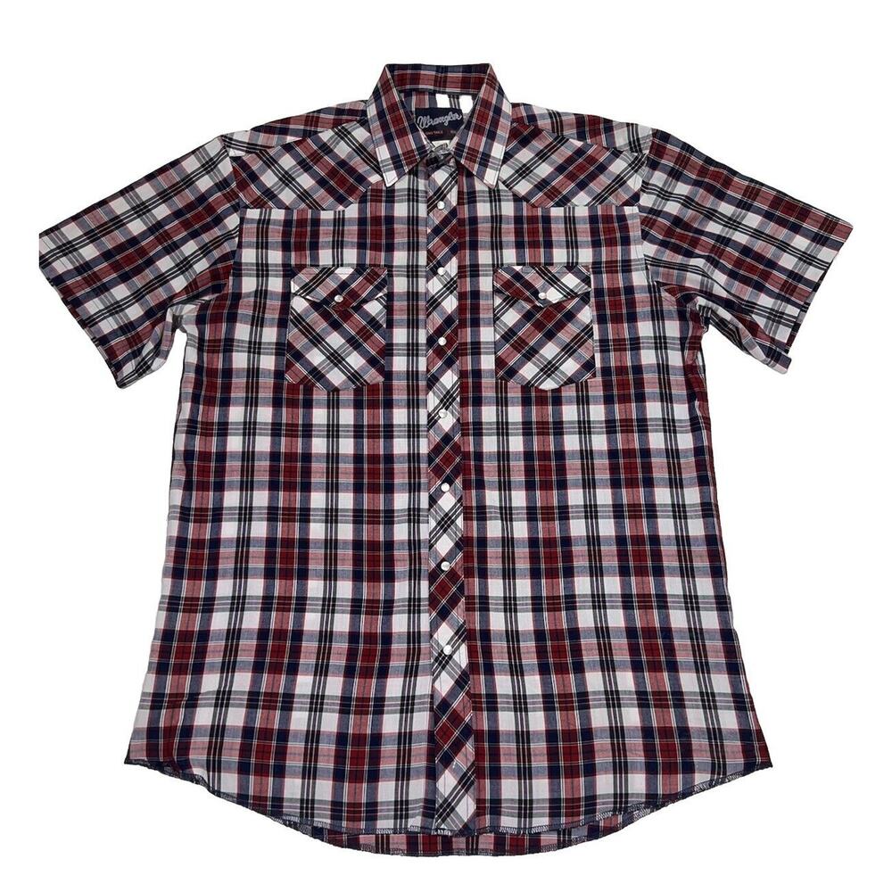 Wrangler Western Shirt Size L (16.5) Red Blue Plaid X-Long Tails Pearl Snaps VTG